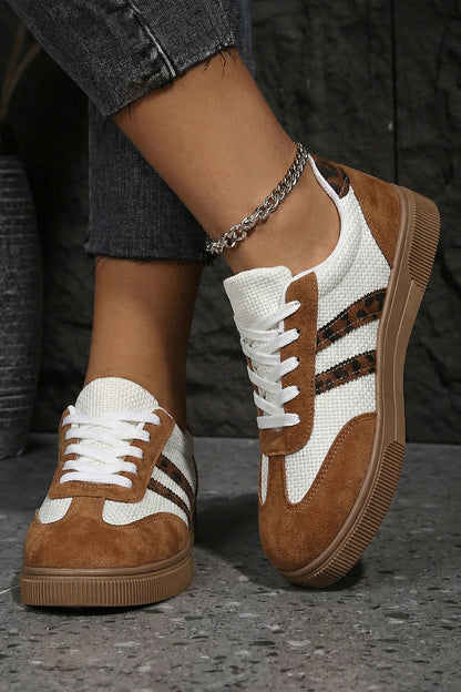 Coffee Textured Woven PU Leather Leopard Patchwork Flat Sneakers