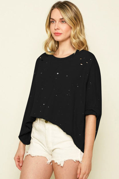 Haut à manches courtes et ourlet asymétrique délavé et vieilli