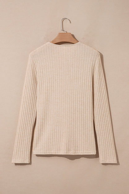 Apricot Solid Color Ribbed Knit Cowl Neck Long Sleeve Top