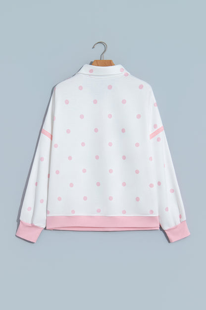 Pink Polka Dot Half Zip Drop Shoulder Relaxed Sweatshirt