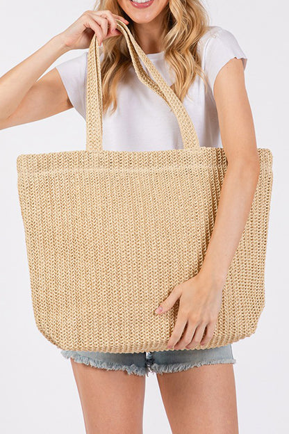Parchment Solid Color Straw Woven Summer Beach Tote Bag