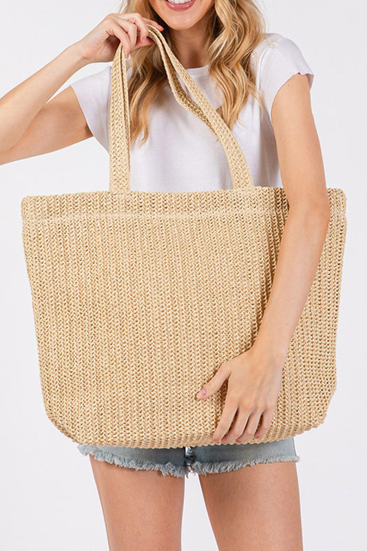 Parchment Solid Color Straw Woven Summer Beach Tote Bag