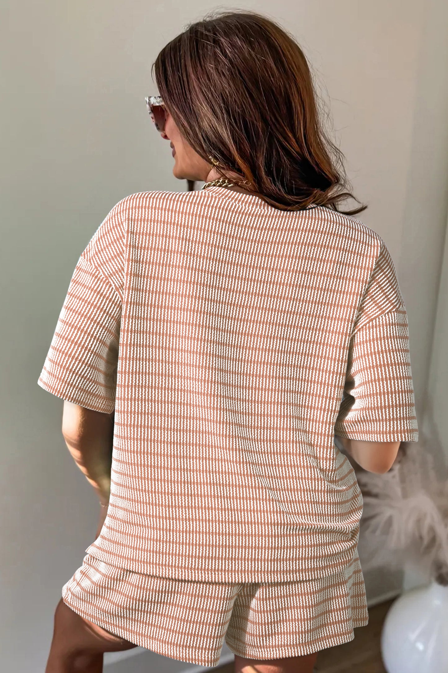 Sky Blue Stripe Raised Rib Loose Tee Drawstring Elastic Waist 2pcs Short Set