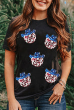 Black Sequined American Flag Pattern Round Neck T Shirt