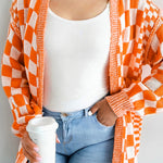 Orange Checkered Bubble Sleeve Drop Shoulder Open Cardigan