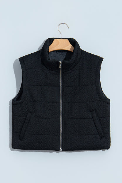 Black Textured Quilted Stand Neck Zipper Winter Vest