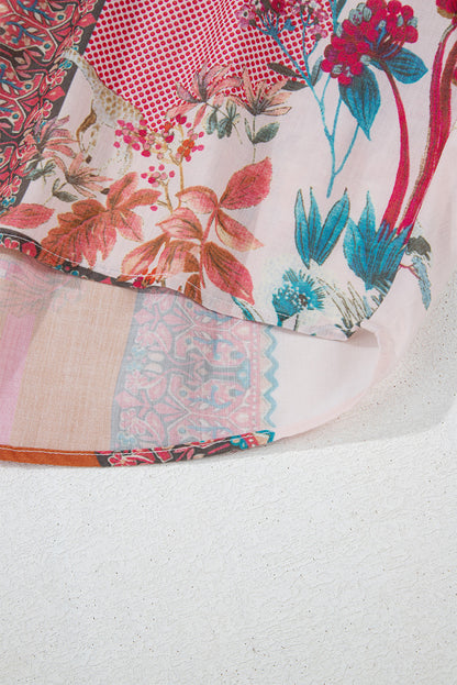 Chemise rouge bohème à imprimé géométrique mixte et manches bouffantes