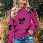 Bright Pink Pearl Embellished Bow Pattern Loose Sweater