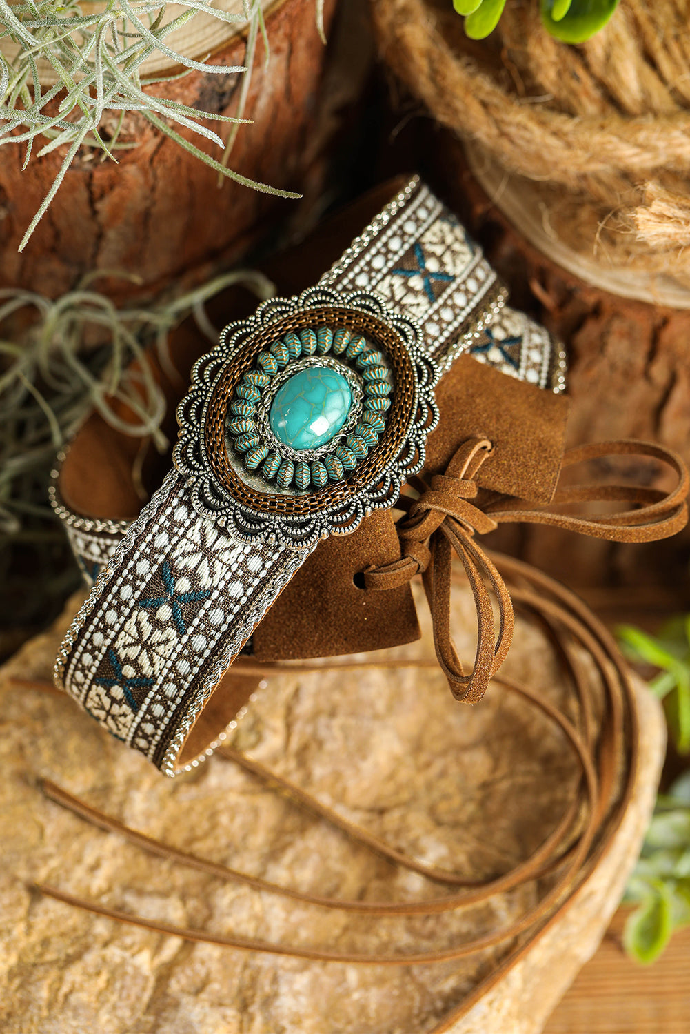 Bandeau de chapeau en cuir PU à lacets bleu clair avec motif western et décor turquoise