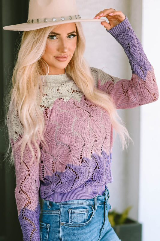 Pull ample en maille creuse à blocs de couleurs