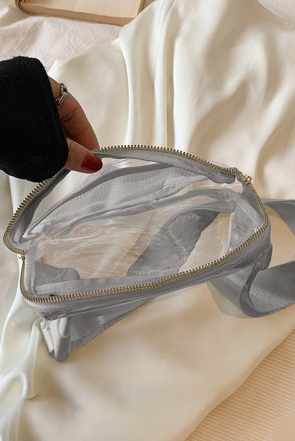 Sac banane transparent à bretelles réglables et fermeture éclair blanc brillant 