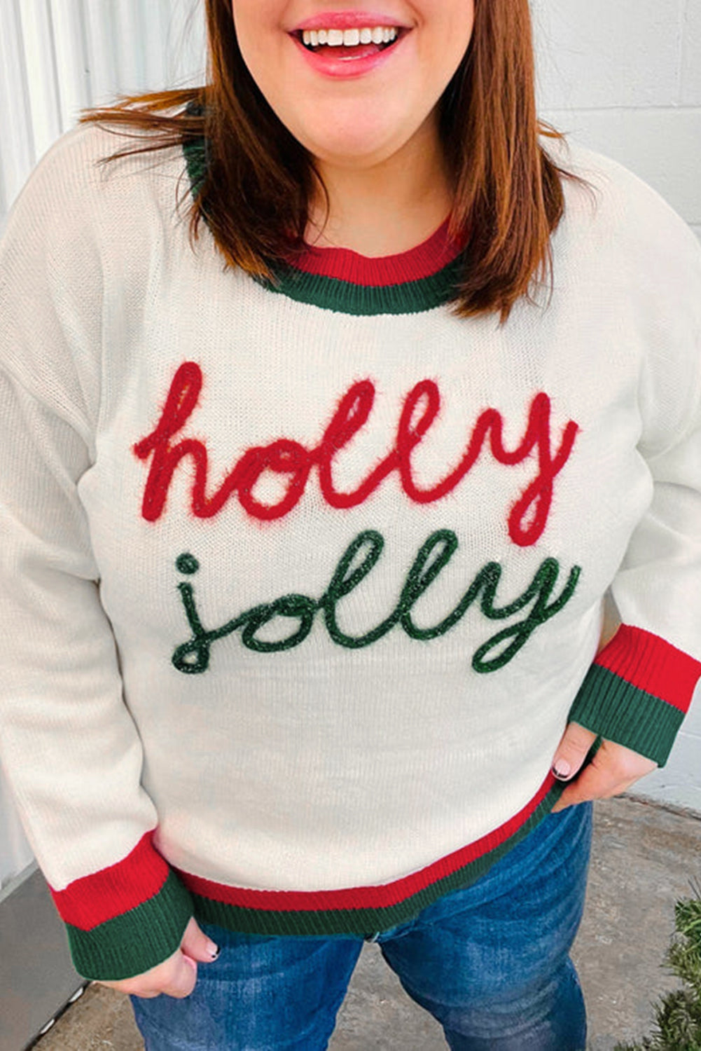 Pull grande taille à épaules tombantes et bordures colorblock à motif Holly Jolly et guirlandes blanches