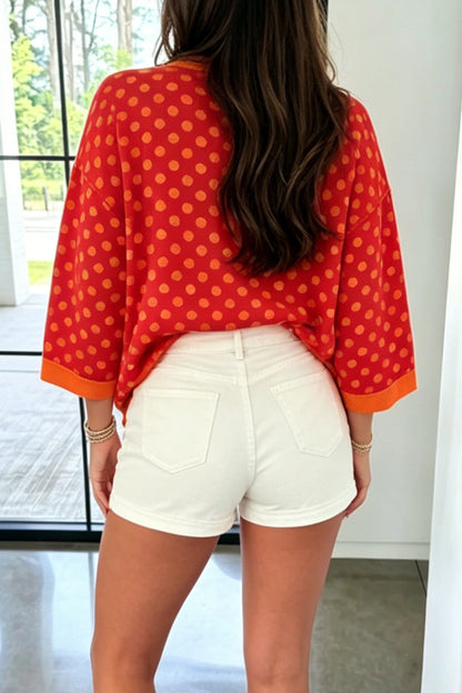 Red Polka Dot Print Contrast Trim Round Neck Bracelet Sleeve Top