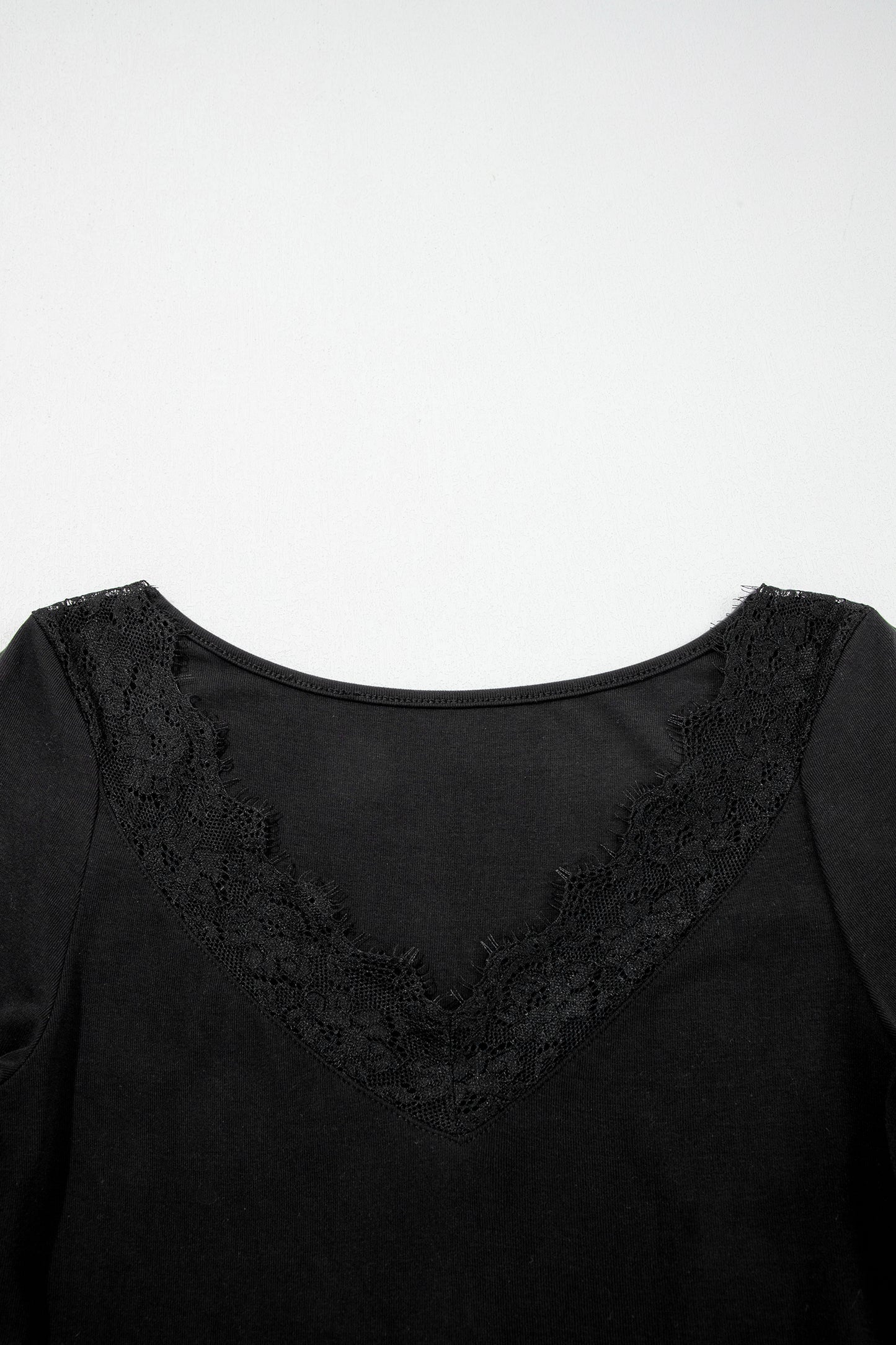 Black Lace Trim Elegant Neckline Long Sleeve Slim Top