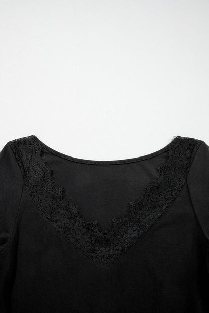 Black Lace Trim Elegant Neckline Long Sleeve Slim Top