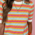 Orange Abstract Striped Knit Short Sleeve Sweater