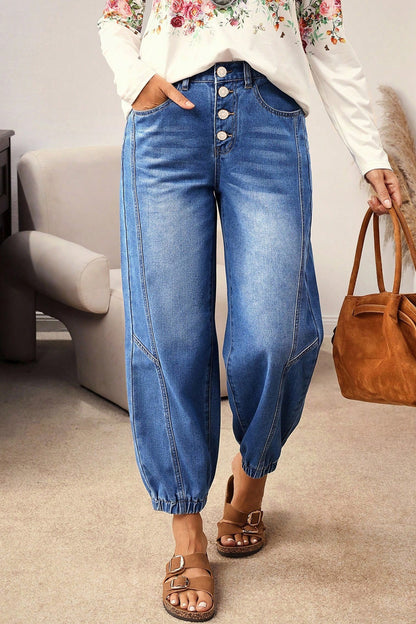 Blue 4 Buttons Front Tapered Casual Loose Fit Jeans