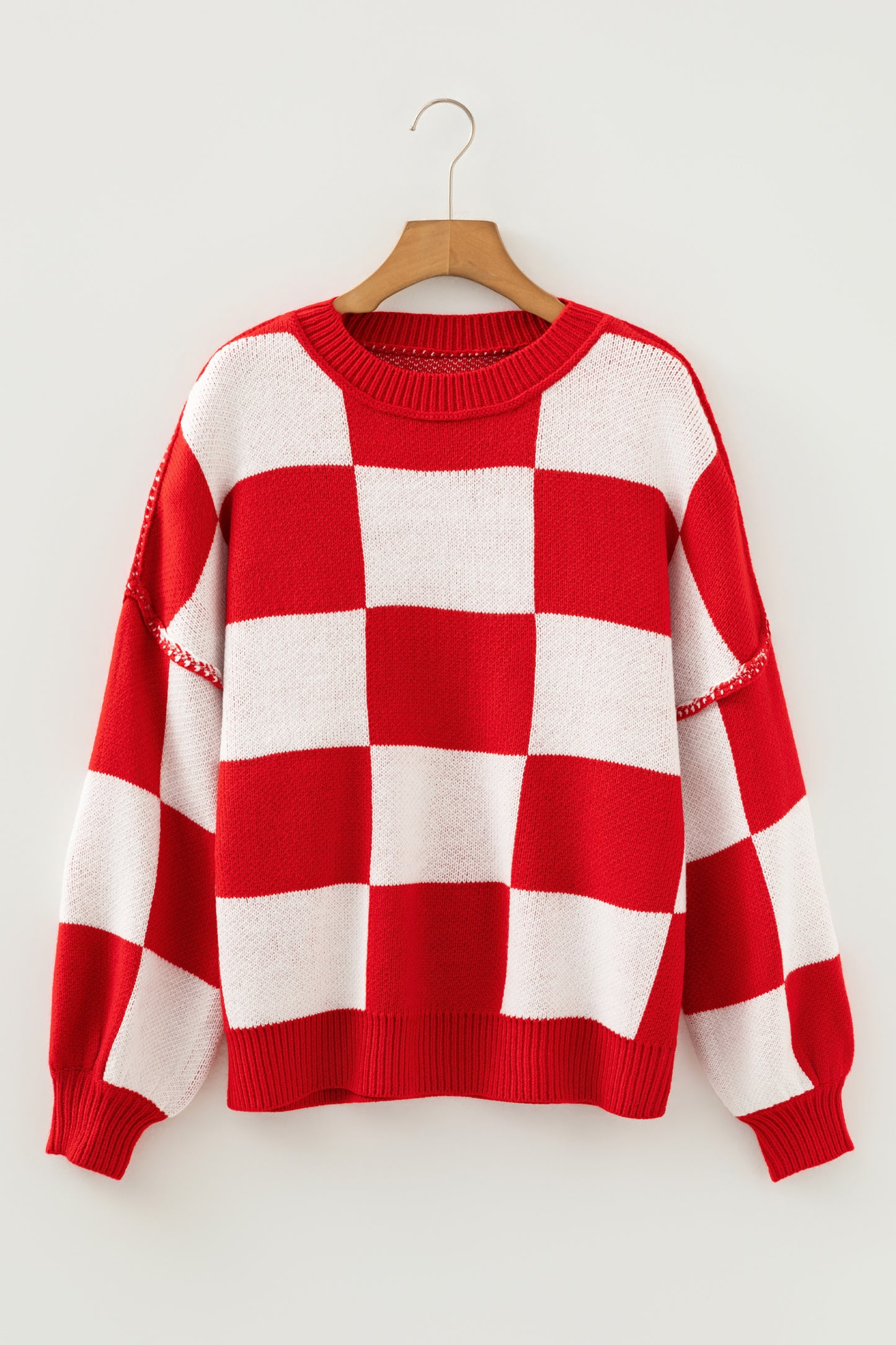 Dark Brown Checkered Bishop Sleeve Sweater