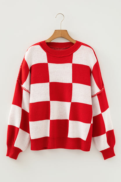 Dark Brown Checkered Bishop Sleeve Sweater