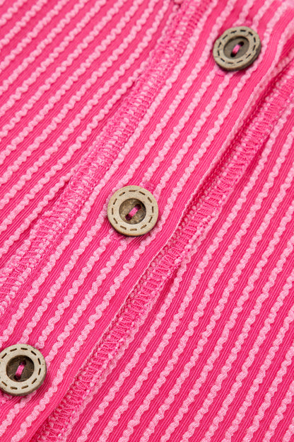 Bright Pink Plus Size Twisted Rib Color Block Patchwork Short Sleeve Henley Top