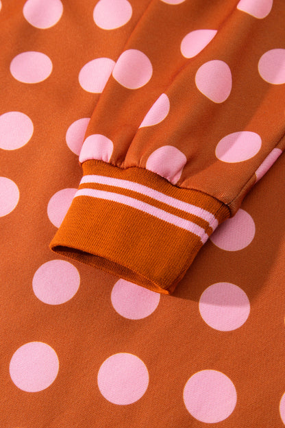 Brown Polka Dot Striped Trim Mock Neck Sweatshirt