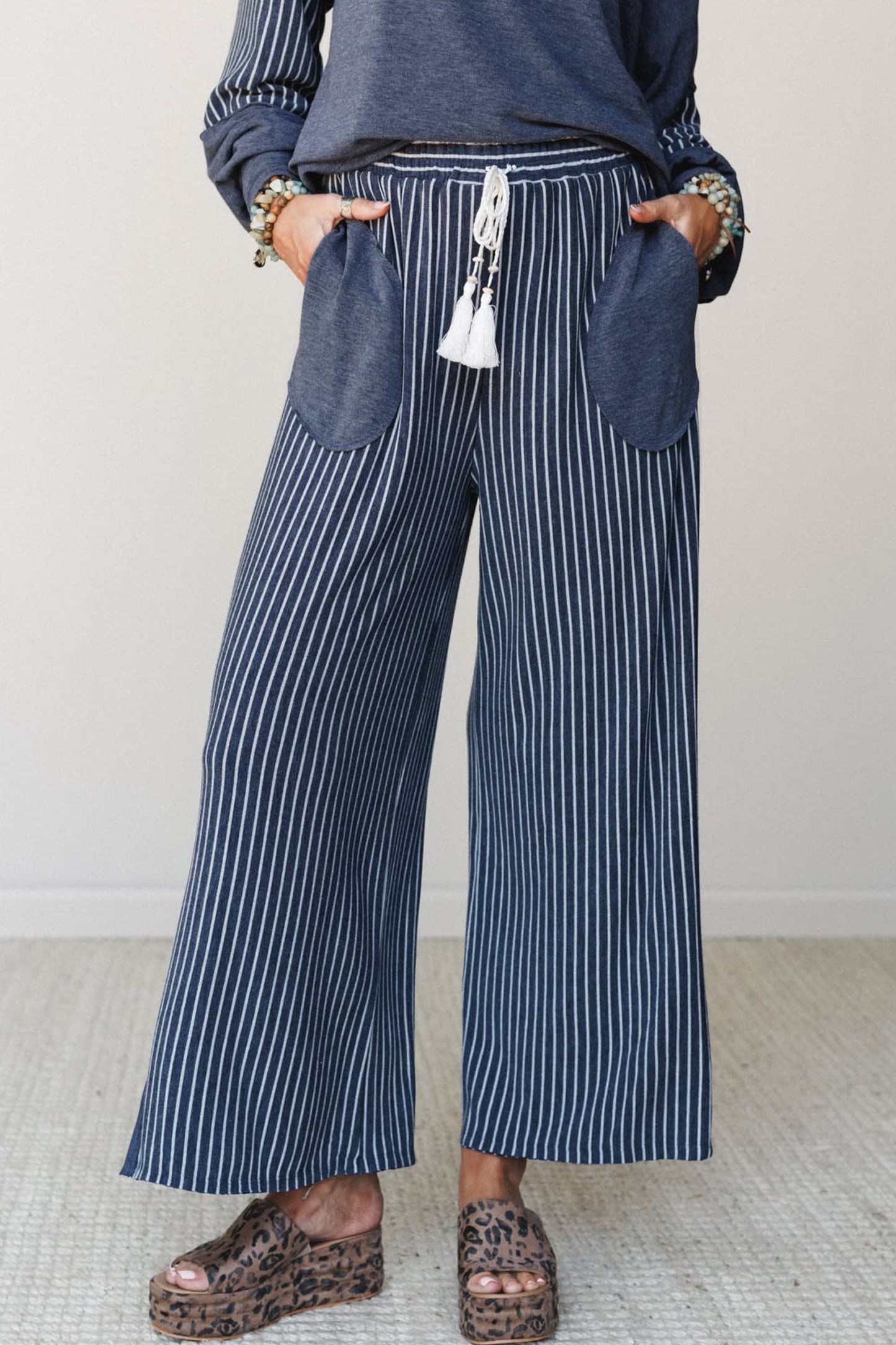 Real Teal Raw Seam Patchwork Long Sleeve Top Pocket Casual Pants 2pcs Set