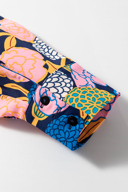 Robe droite bleu marine à imprimé floral d'hortensias, manches bouffantes, col en V