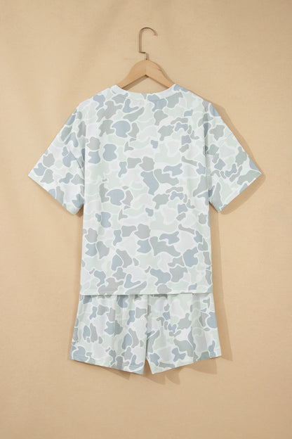 Multicolour Camouflage Print Casual Tee Drawstring Short Set