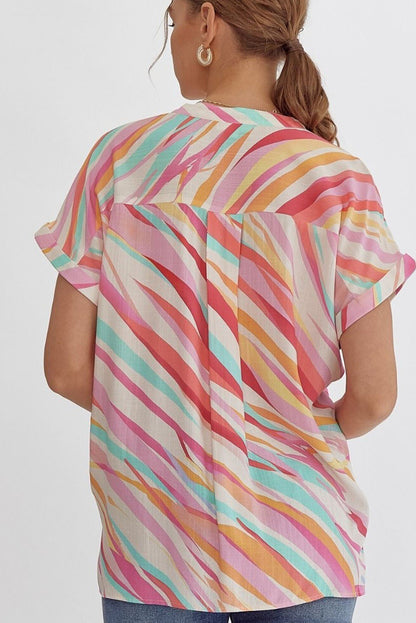 Haut blanc à manches courtes et col cranté, imprimé abstrait, grande taille