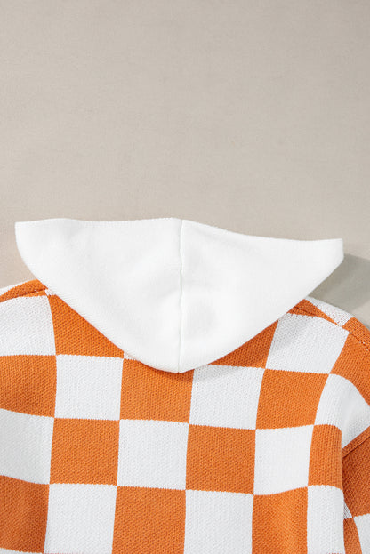 Pull à capuche à carreaux dorés, col fendu, poche kangourou contrastée