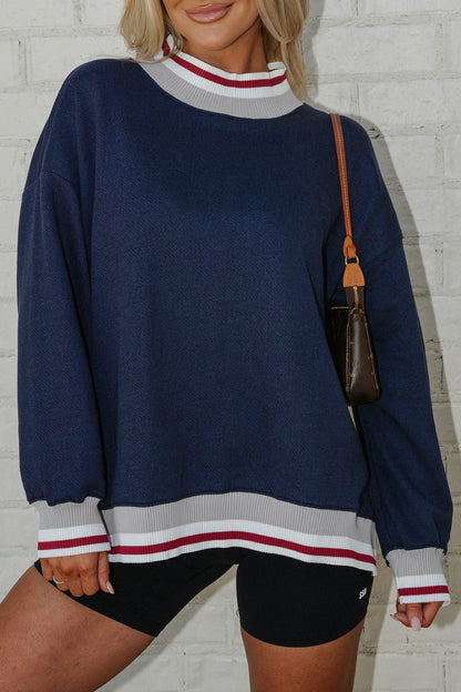 Navy Blue Ribbed Stand Neck Long Sleeve Loose Fit Sweatshirt