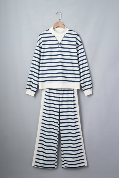 Blue Stripe Striped Ribbed Cuff Collar Pocket Loose Pant Set