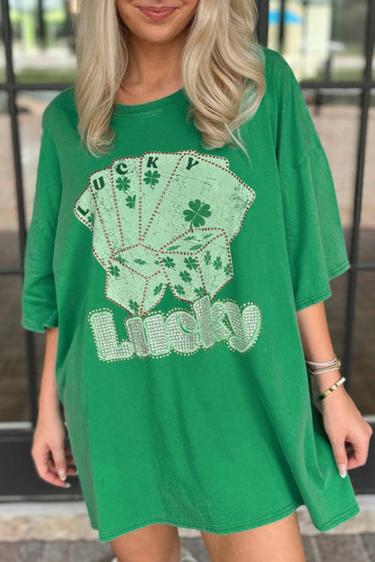 Robe courte surdimensionnée avec t-shirt et cartes de poker porte-bonheur vert vif et strass