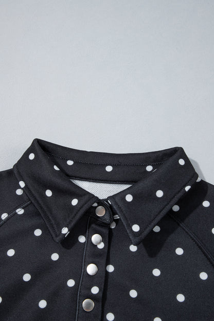 Black Polka Dot Print Metal Button Collar Casual Pullover Sweatshirt
