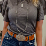 Dark Grey Layered Ruffle Short Sleeve Round Neck Top