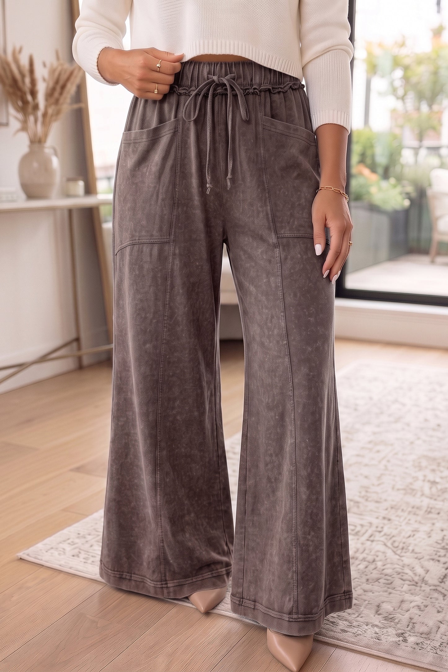 Coffee Mineral Wash Seam Detail Flare Leg Drawstring Pants