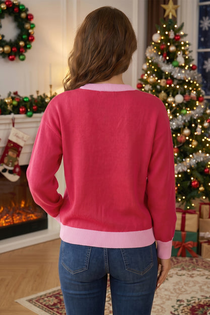 Red Drop Shoulder Round Neck Letter Print Colorblock Sweater