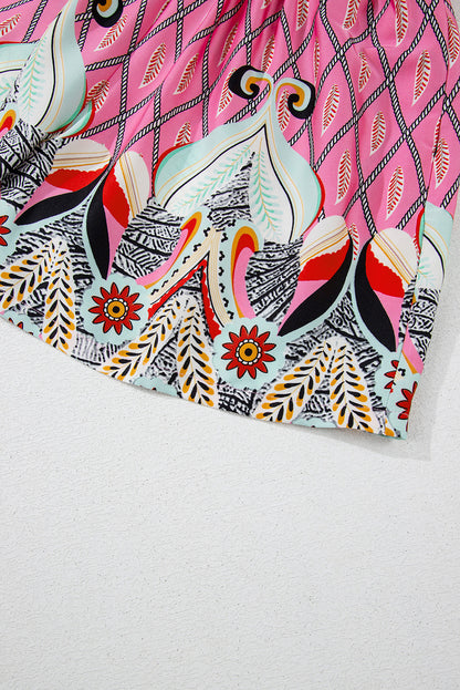 Combinaison taille haute à col en V et imprimé géométrique cachemire rose