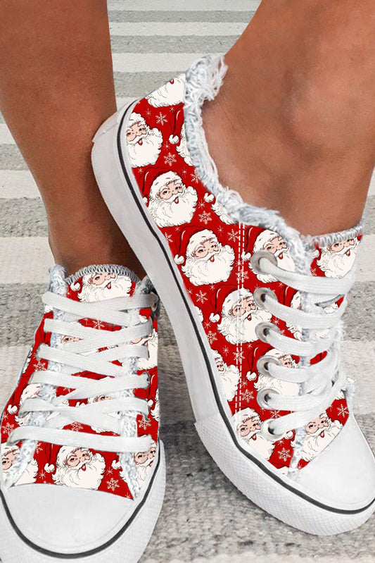 Zapatos de lona planos con estampado de copos de nieve de Papá Noel rojos