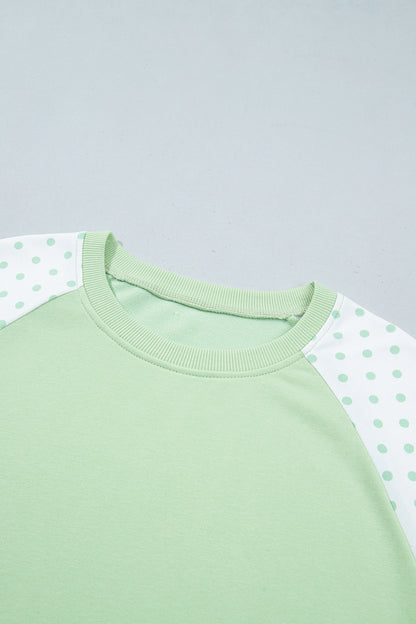 Green Polka Dot Patchwork Colorblock Long Sleeve Casual Two Piece Pants Set