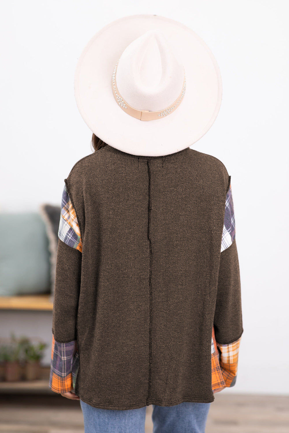 Dark Brown Plaid Patchwork Exposed Seam Knit Top