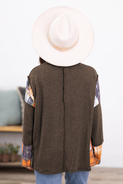 Dark Brown Plaid Patchwork Exposed Seam Knit Top