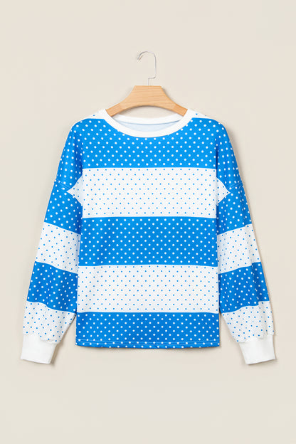 Blue Polka Dot Patchwork Colorblock Long Sleeve Top