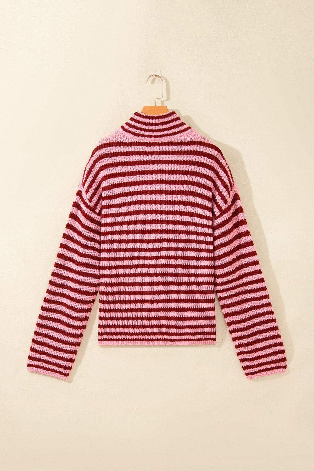 Red Stripe Striped High Neck Zip-up Sweater Long Sleeve Casual Fit Drop Shoulder Open Front Cardigan
