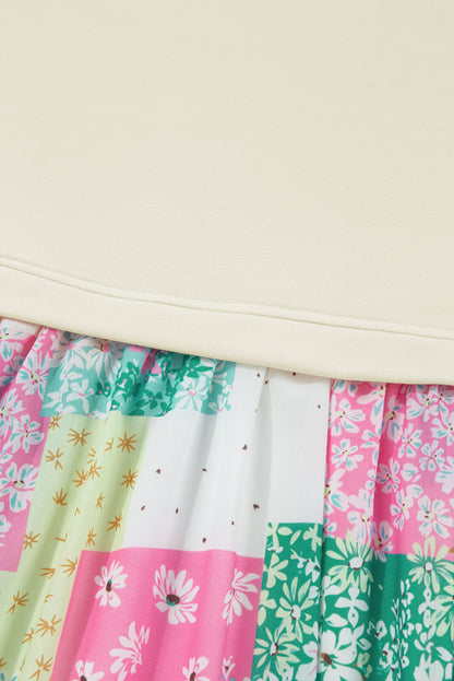 Robe courte plissée ample à motif patchwork floral vert