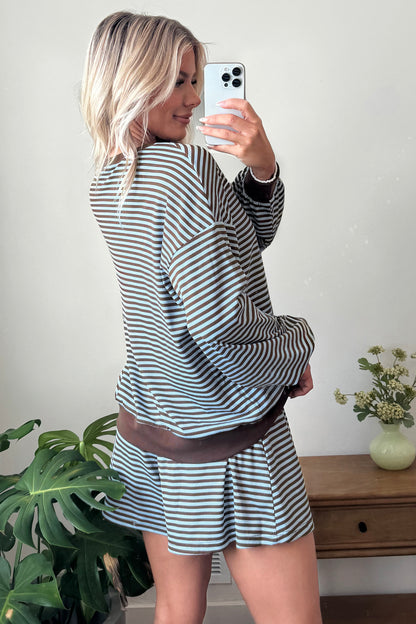 Brown Stripe Oversized Long Sleeve Top Drawstring Loose Shorts 2pcs Set