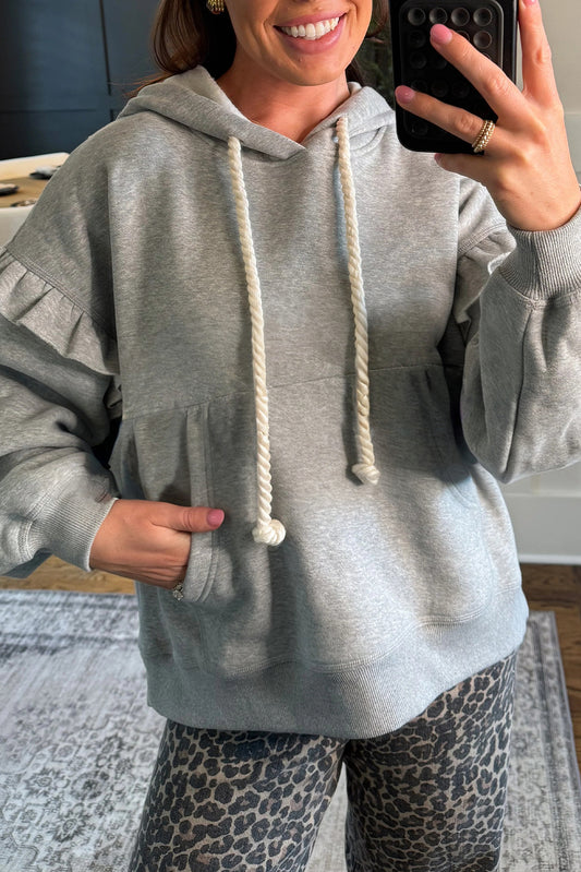 Gray Contrast Rope Drawstring Ruffle Trim Drop Shoulder Baggy Hoodie