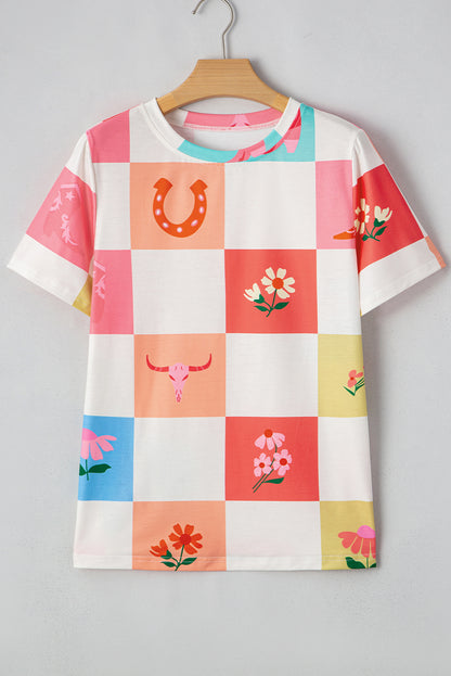 T-shirt à col rond orange à imprimé carreaux Western Fashion