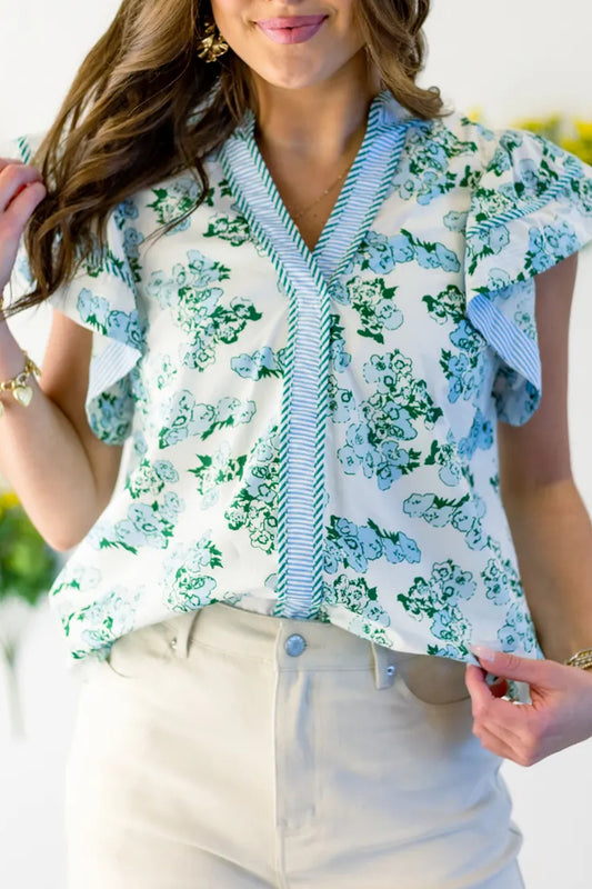Green Floral Meets Stripes V Neck Flutter Sleeve Blouse