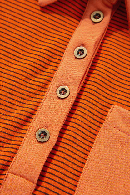 Sweat-shirt Henley à rayures orange, coutures apparentes, col rabattu et manches bouffantes